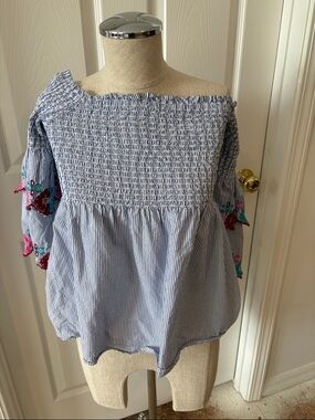Loft  size SP off shoulder blue strip women’s top.